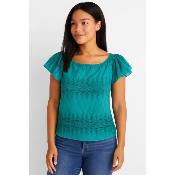 Milly Tops - Milly Eyelet Embroidered Short Sleeve Blouse Teal Green Size 4
